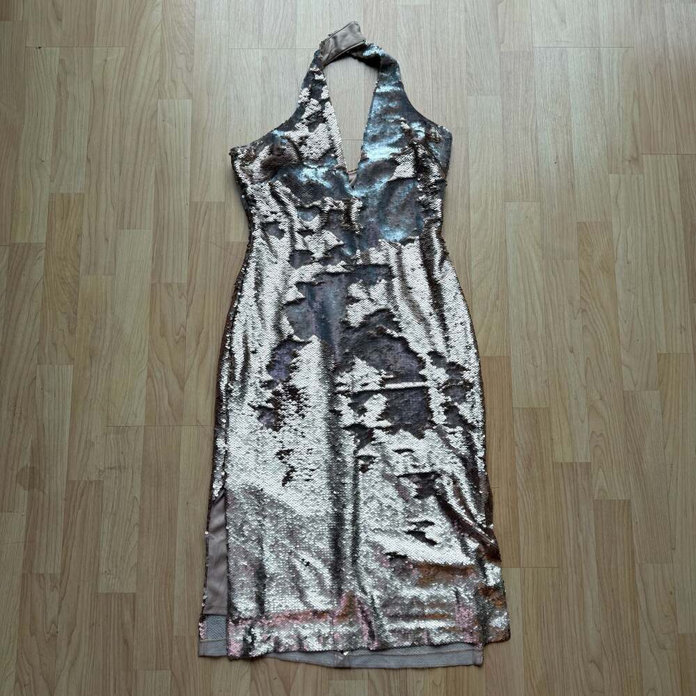 Alexis Armor Rose Gold Sequin Halter Dress Size 4